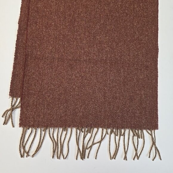 Vintage Amicale 100% Wool Scarf Brown Herringbone Chevron Fringe Made in USA - Picture 1 of 3